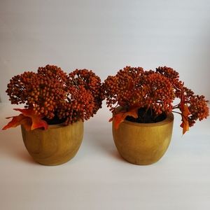 Faux Sedum floral arrangement in wooden pot bowl